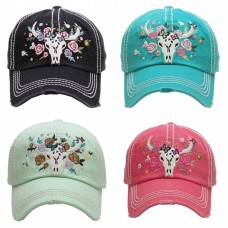 FLORAL STEER SKULL Embroidered  Vintage Style Ball Cap  eb-71514481